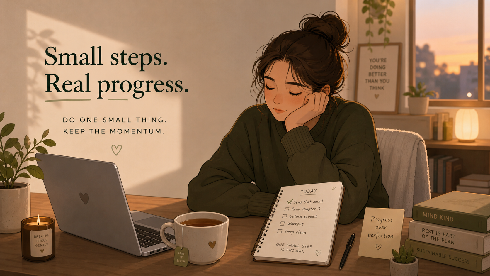 A tired person sitting at a desk with one small task checked off, representing low-energy productivity and sustainable habits.